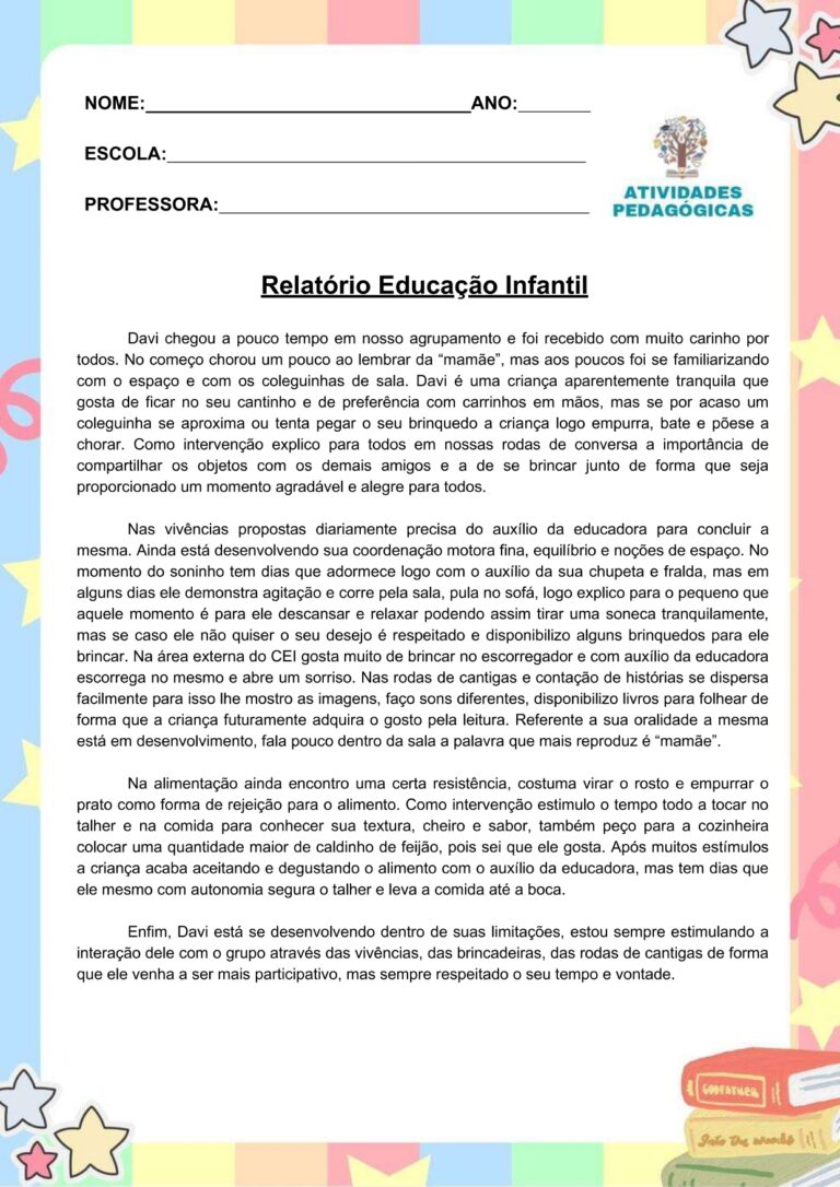 Relatórios Descritivos Educação Infantil Anos Iniciais E Aee Atividades Pedagógicas 3798